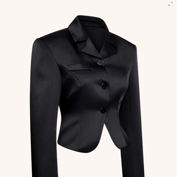JW Pei Satin Sculpted Waist Cropped Blazer - Black - Picture 3 of 3